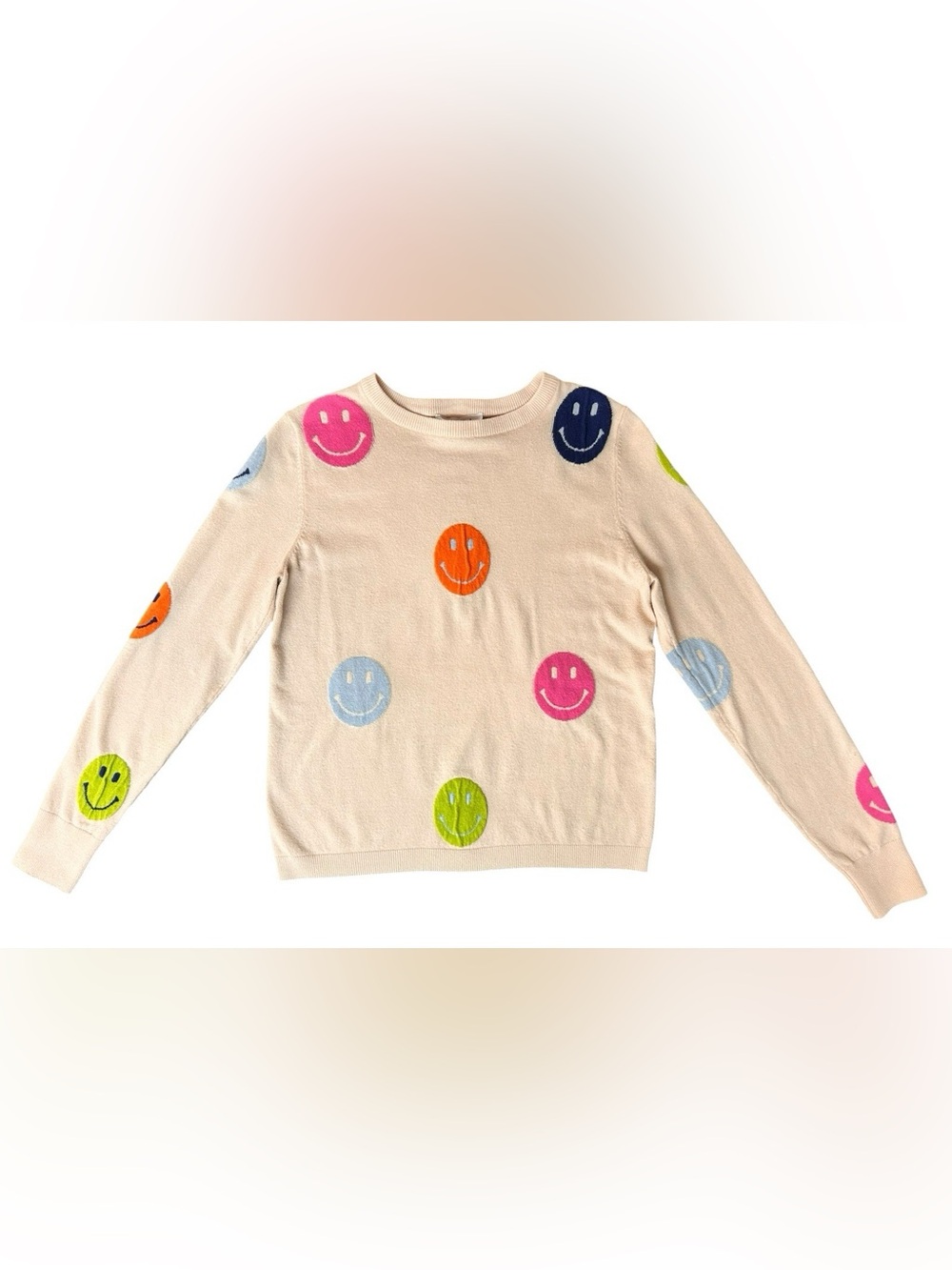 THML Anthro Smiley Face Viscose Blend Cream Long Sleeve Pullover Sweater Small